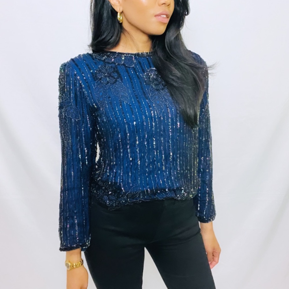 Cache | Blue Fully Beaded Sequin Embellished Top - image 8